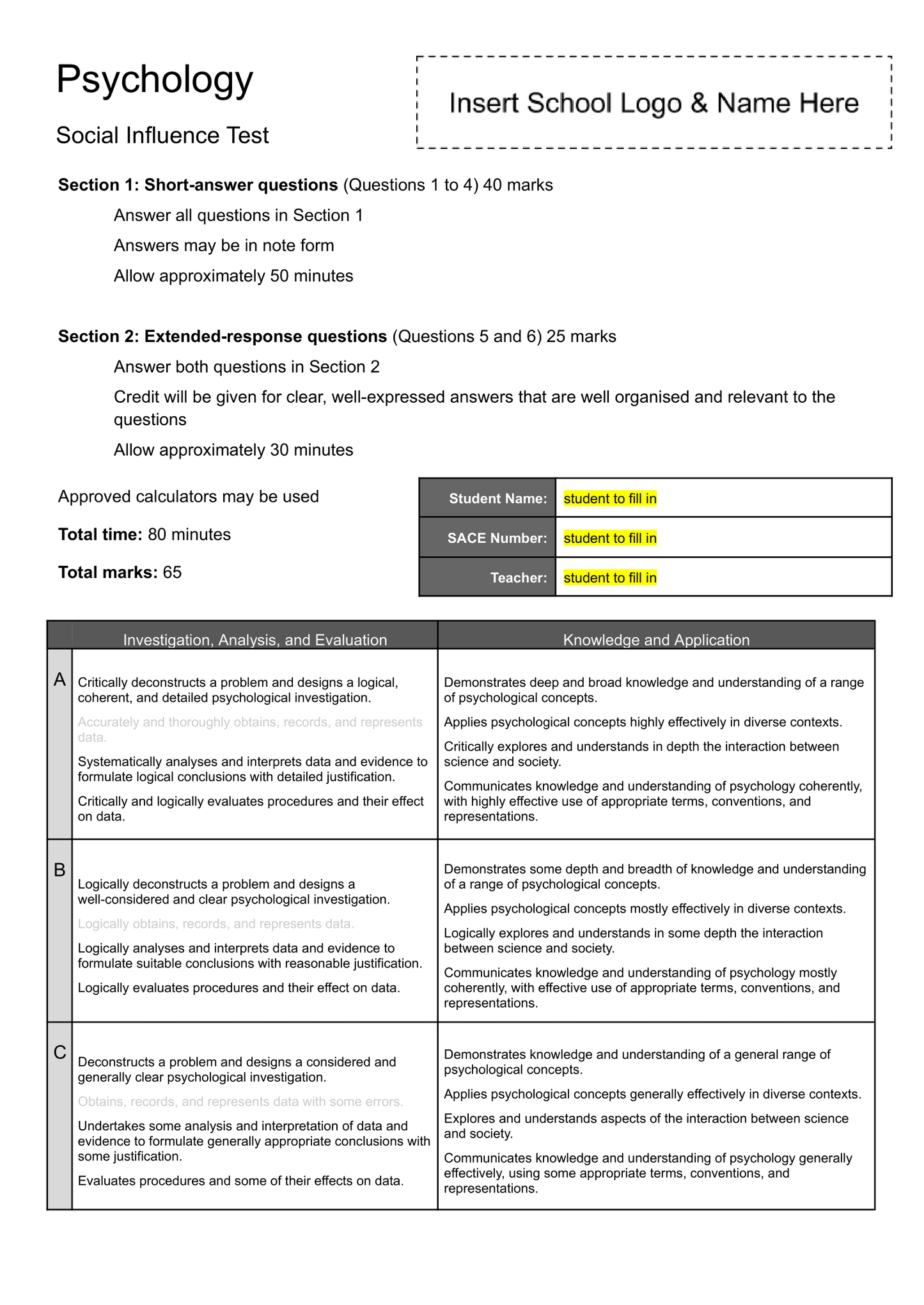Stage 2 Psychology 2024 Social Influence Test